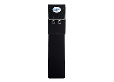 A black water dispenser on a white background.