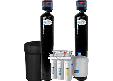 Two black water filters are sitting next to each other on a white background.