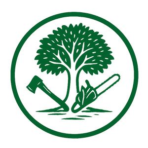 Green tree logo with axe and chainsaw inside a green circle.