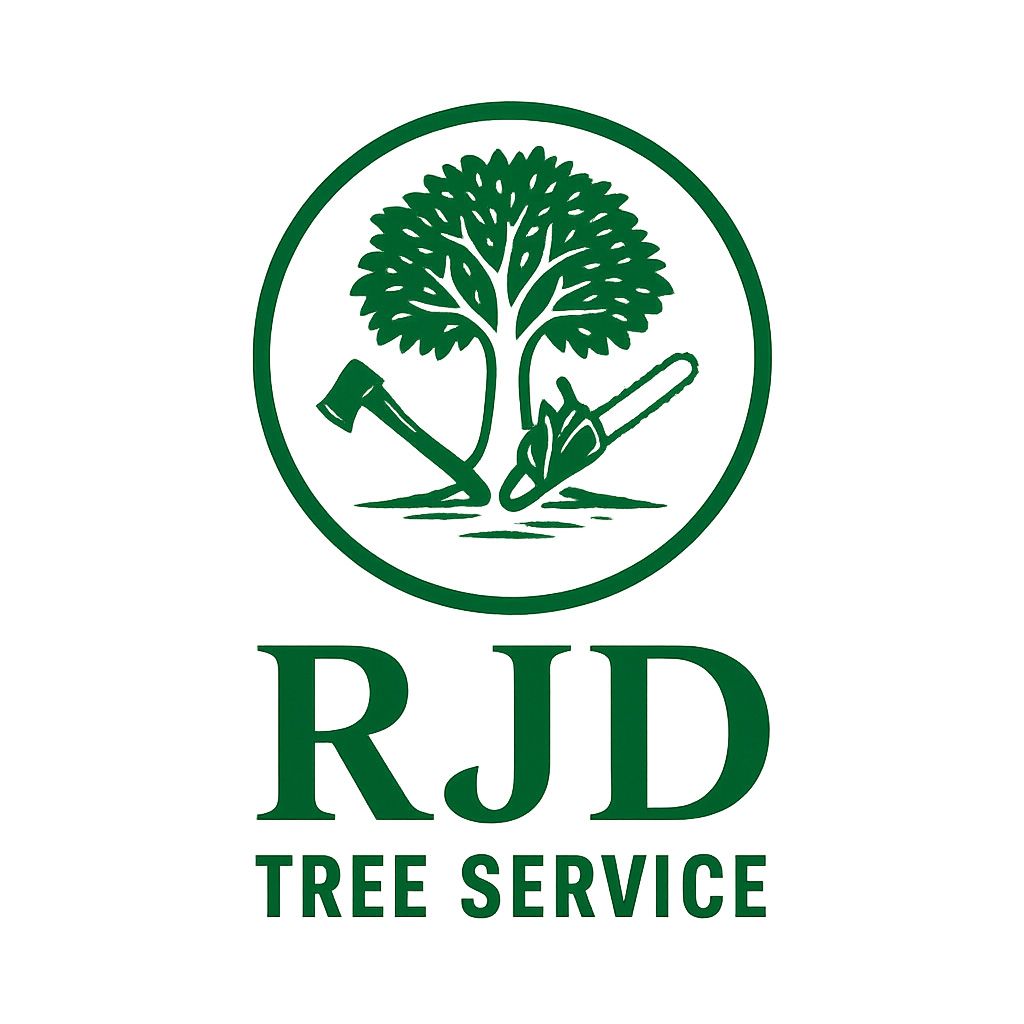 Green logo: tree inside a circle, axe and chainsaw, "RJD TREE SERVICE."