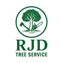Green logo: tree inside a circle, axe and chainsaw, "RJD TREE SERVICE."
