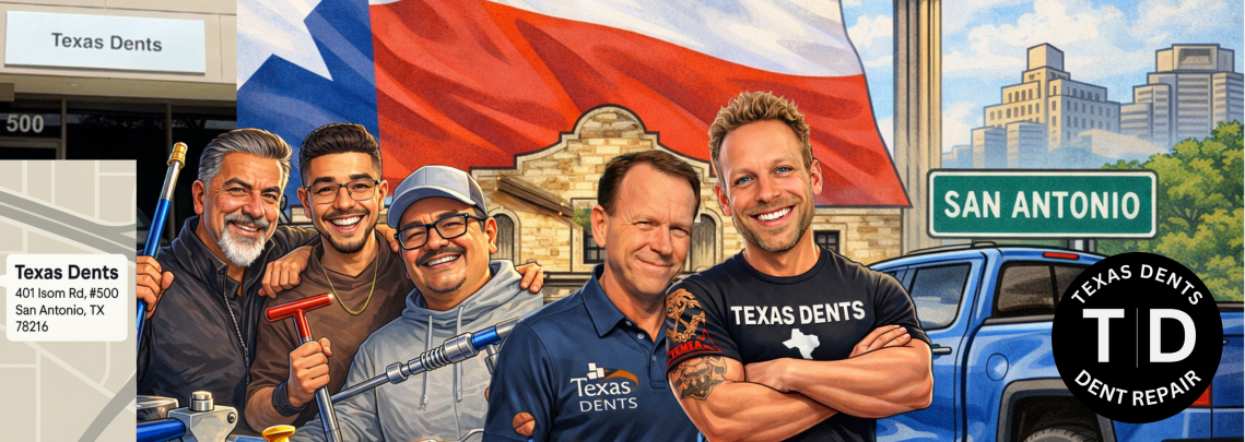 Modern illustrations of Texas Dents owners and technicians in San Antonio texas