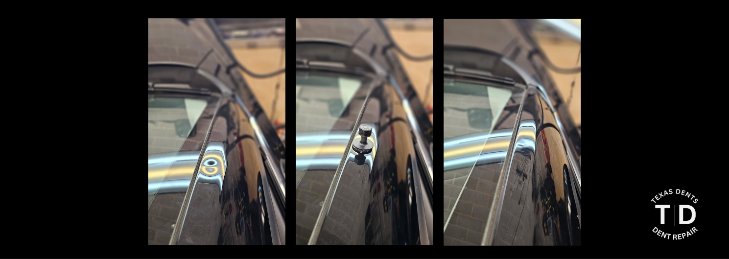 Three images of a dent under specialized PDR reflection lights and a glue pull showing dent removed