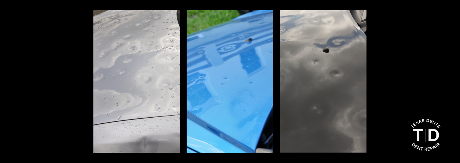 Three images of various car hoods with visible  hail damage