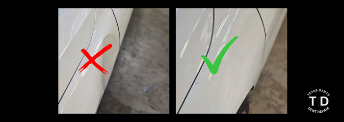 A before image of a car with a crease before PDR and an image of the fixed crease after PDR