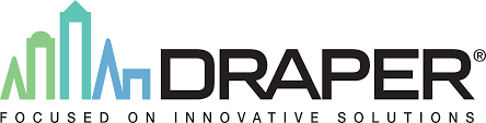 Draper logo featuring stylized building silhouettes in blue and green, with the text
