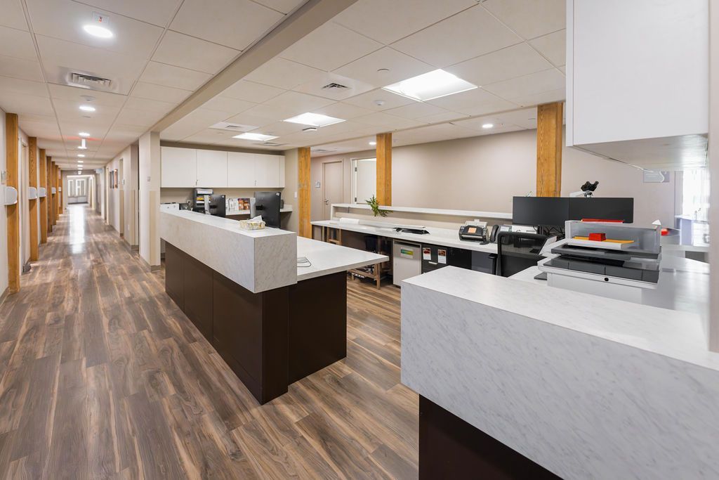 Empty modern office reception area with desks, wood-patterned floors, and bright ceiling lights