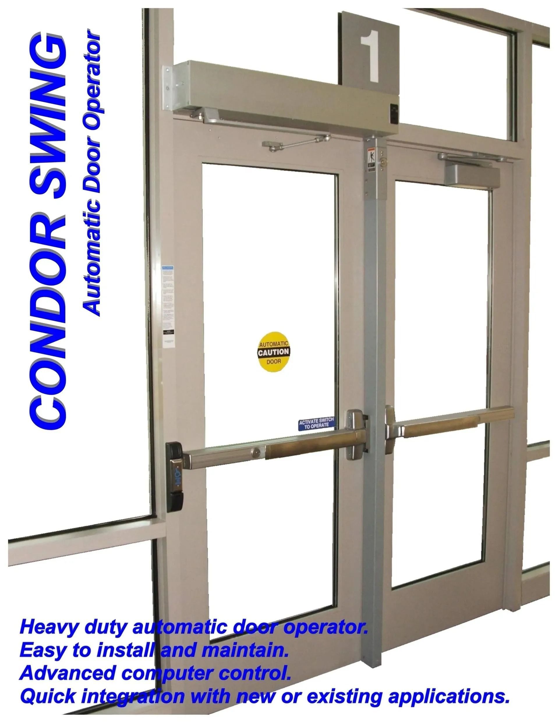 A pair of glass commercial doors equipped with a Condor Swing automatic door operator system.