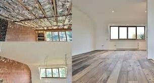 Before and after comparison of a home renovation featuring exposed insulation, brickwork, and a finished white room.