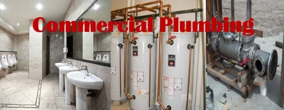 A collage showing a commercial restroom, a row of water heaters with copper piping, and industrial plumbing equipment.