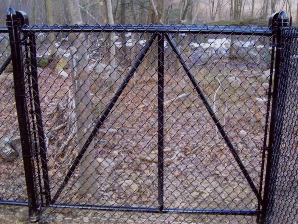 A black chain-link double-gate set in a fenced area against a wooded, autumn-leaf covered background.