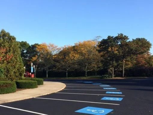 A row of blue handicap parking spaces painted on a paved lot, bordering a sidewalk and trees in a sunny landscape.