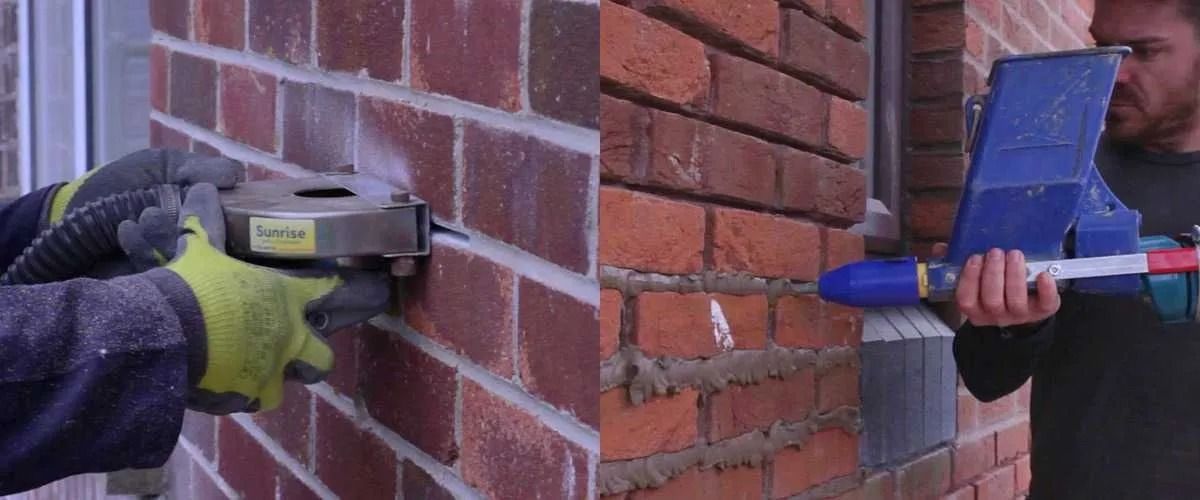 A split view showing someone grinding mortar from brick joints followed by someone using a tool to inject new mortar.