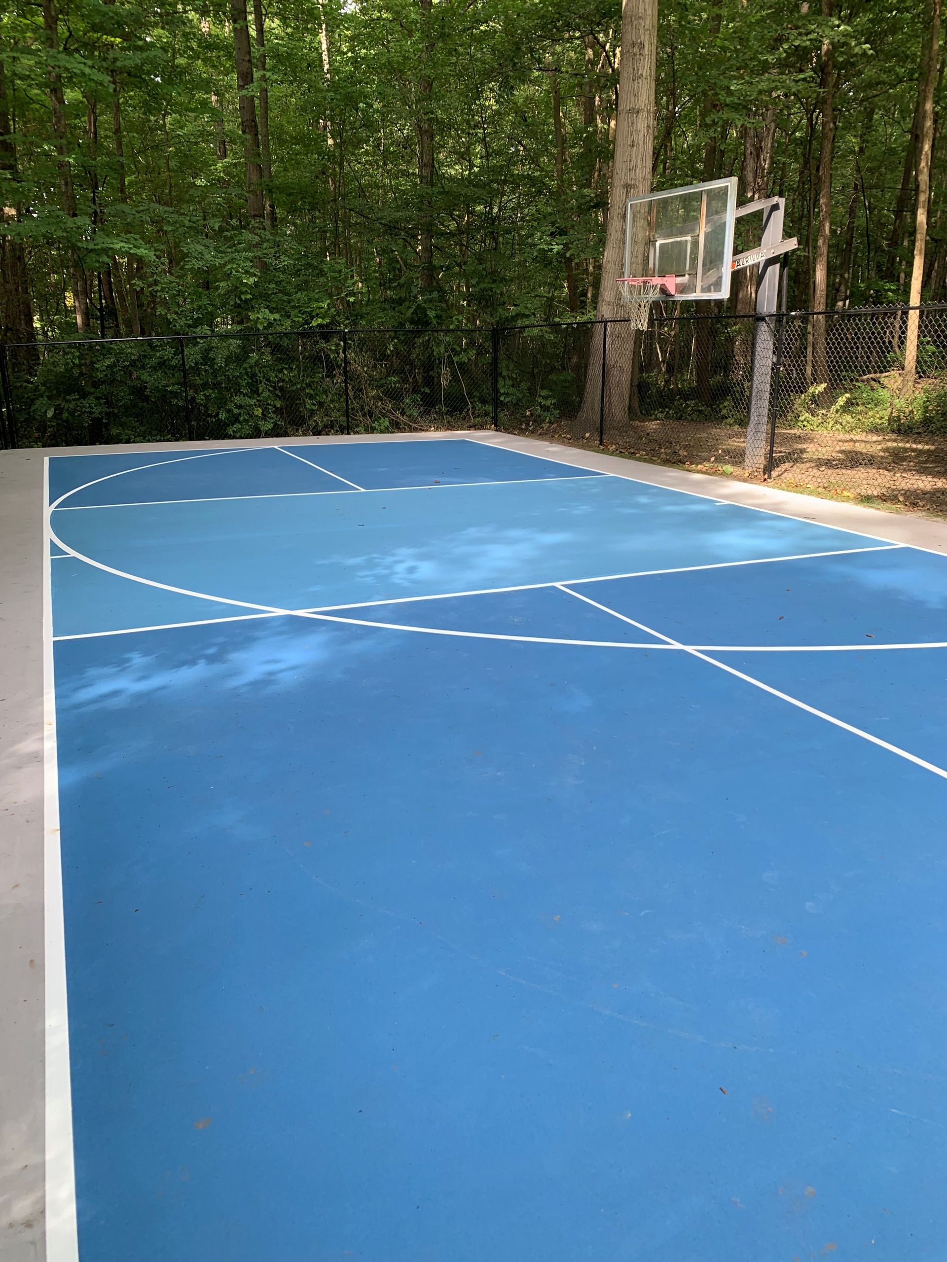 Blue outdoor basketball court in a wooded area, with a hoop on the right side.