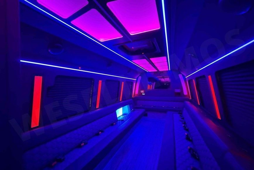 Interior of a party bus lit with blue and pink neon lights.
