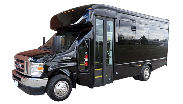 Black shuttle bus with open door, parked on a surface, day time.