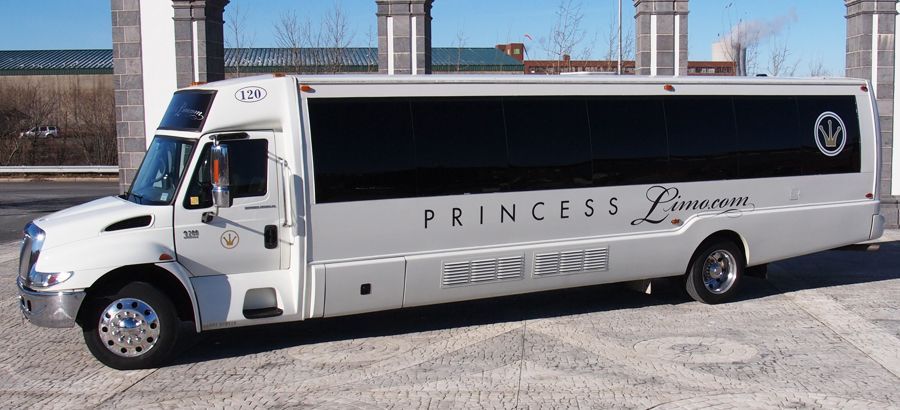 White Princess Limousine bus parked on a paved lot, sunny day, with building and sky in the background.