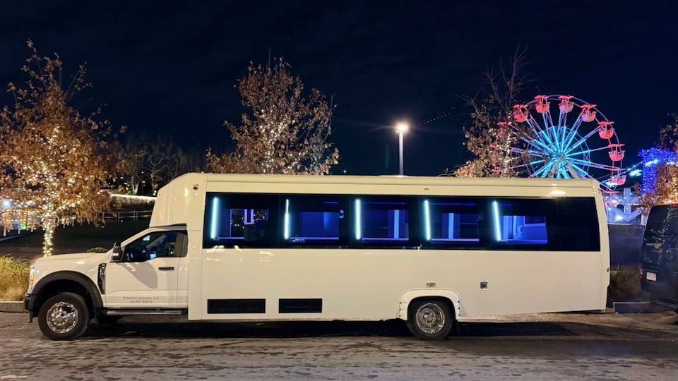 White party bus parked at night with a lit Ferris wheel in the background. Blue interior lights.