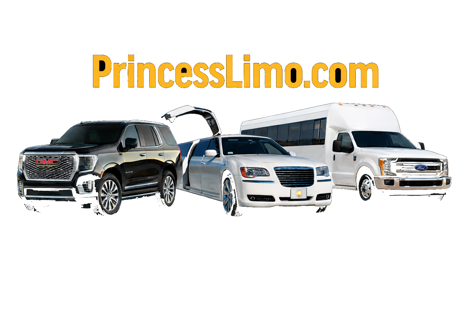 PrincessLimo.com with a black SUV, silver sedan, and white passenger van on a white background.