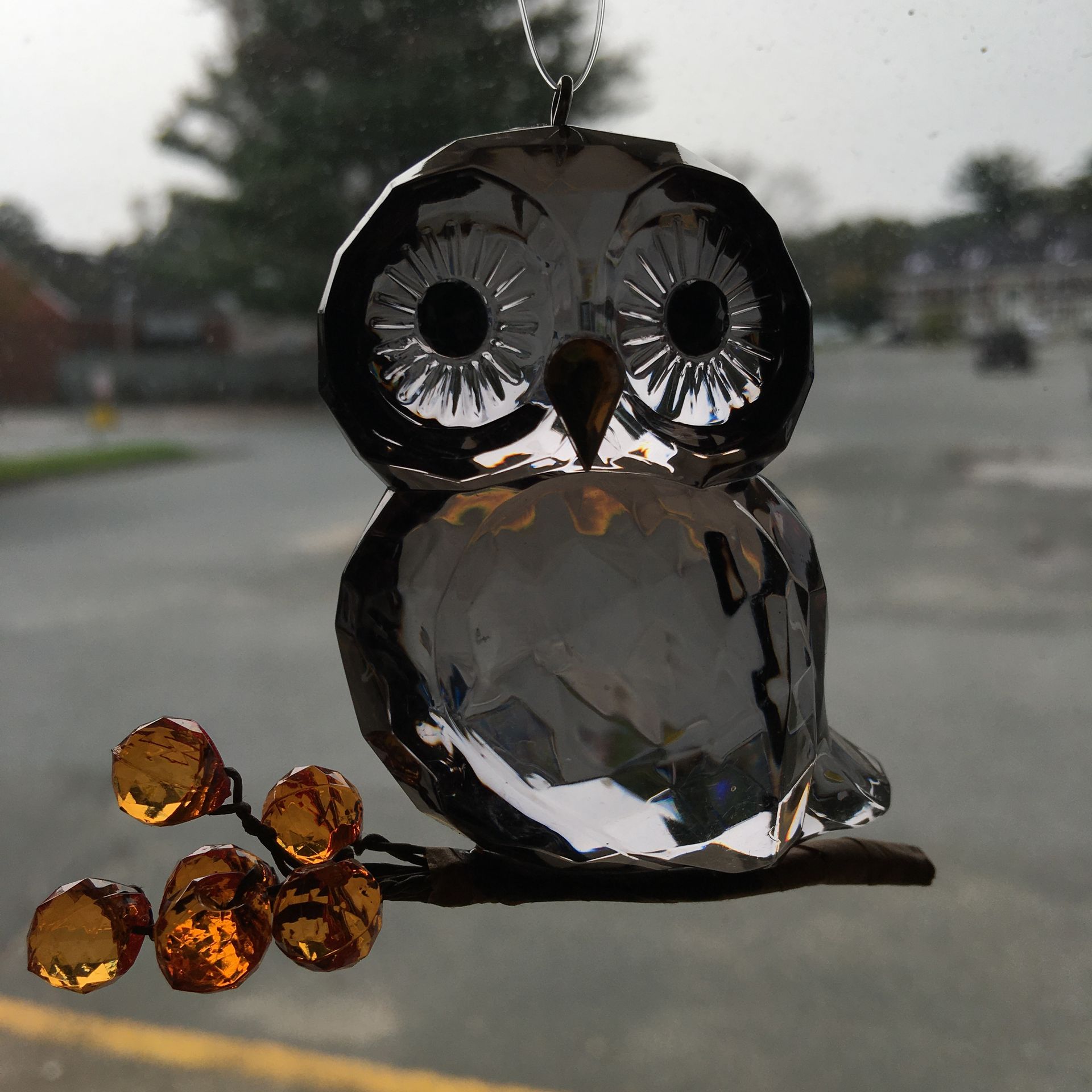 a glass owl sitting on a branch with berries