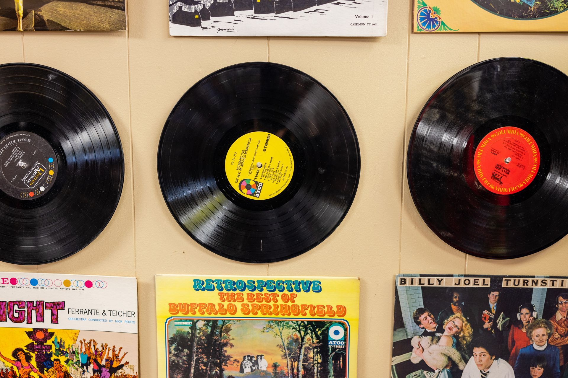 a group of vinyl records are hanging on a wall