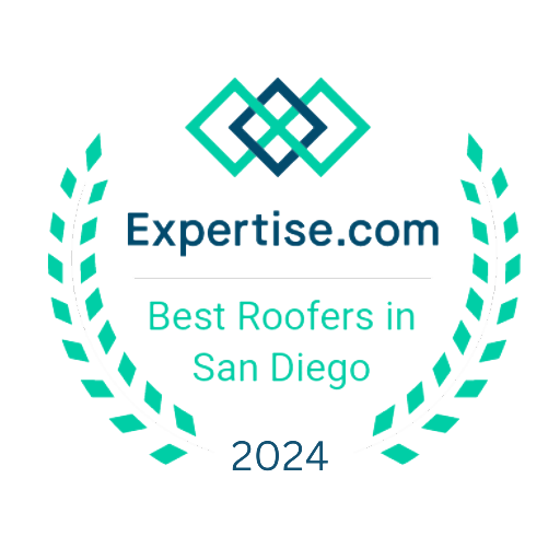Expertise.com award: Best Roofers in San Diego, 2024. Turquoise laurel wreath encircles the text and logo.