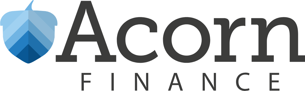 Acorn Finance logo with blue acorn icon and gray text on white background