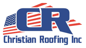 Logo for Christian Roofing Inc. with blue "CR", red and white US flag accents, and company name.
