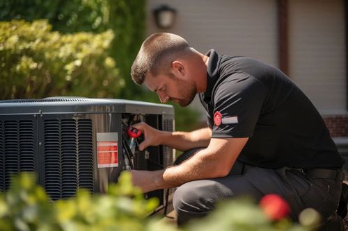 Technician repairing an outdoor air conditioning unit in a garden setting