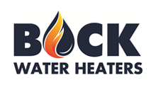 BOCK Water Heaters logo with dark blue text and an orange flame inside the O