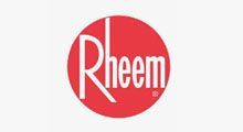 Rheem logo in white text on a red oval background