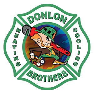 Donlon Brothers Heating & Cooling logo with cartoon plumber carrying a pipe wrench inside a green emblem