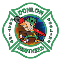 Donlon Brothers Heating & Cooling logo with cartoon plumber carrying a pipe wrench inside a green emblem