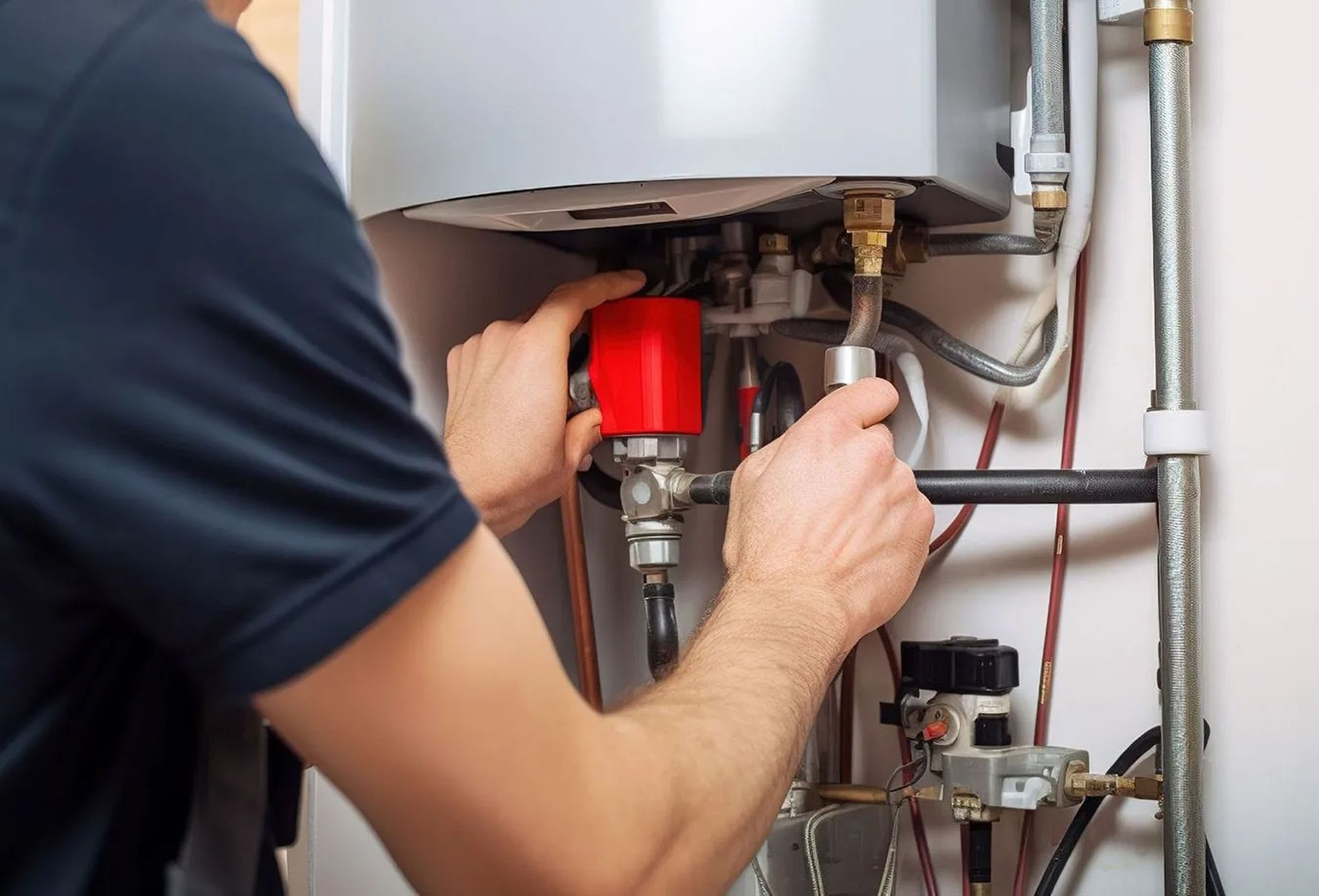 Technician adjusting plumbing under a boiler, with red valve and exposed pipes visible.