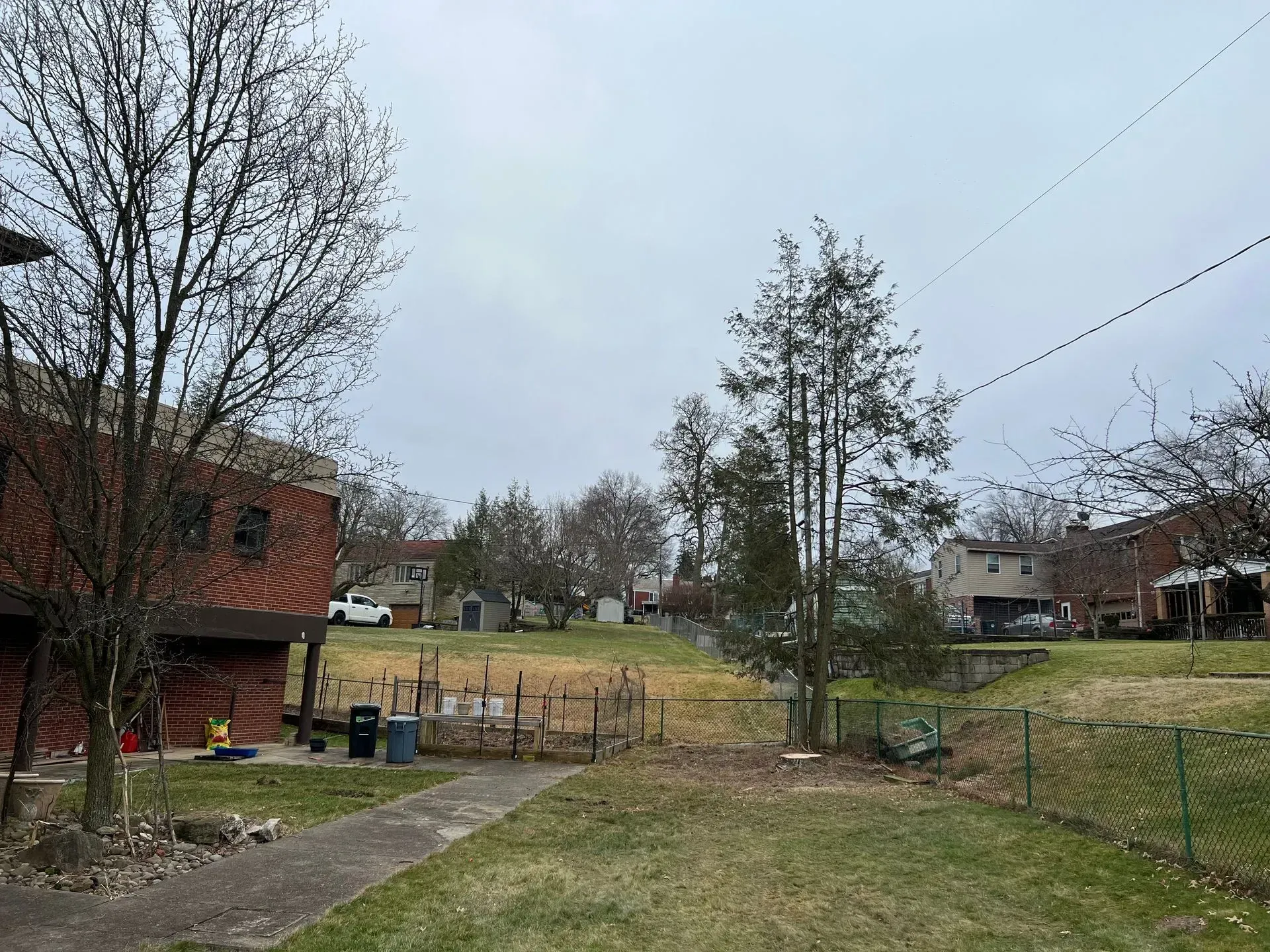 Backyard view of a grassy area, a brick building, trees, houses, and a cloudy sky.
