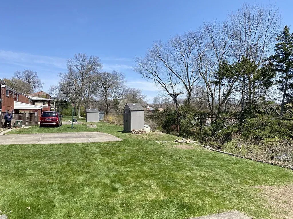 Grassy yard with two sheds, a red car, and bare trees under a blue sky.
