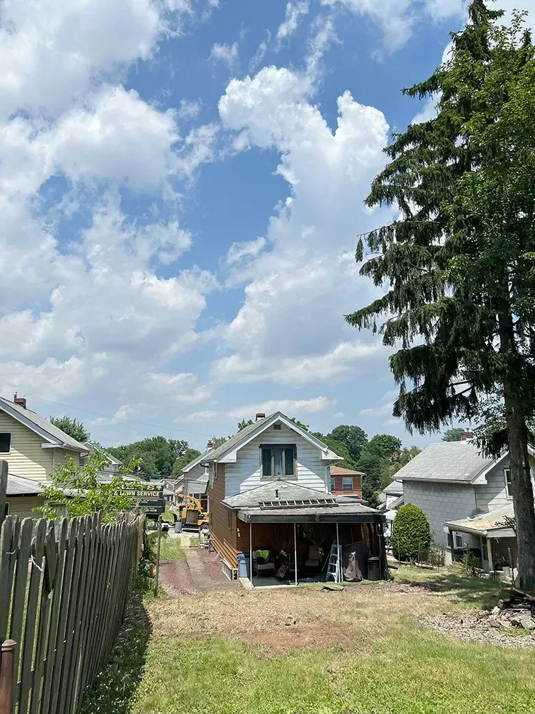 A sunny day view of houses with a cloudy sky and a tall evergreen tree.