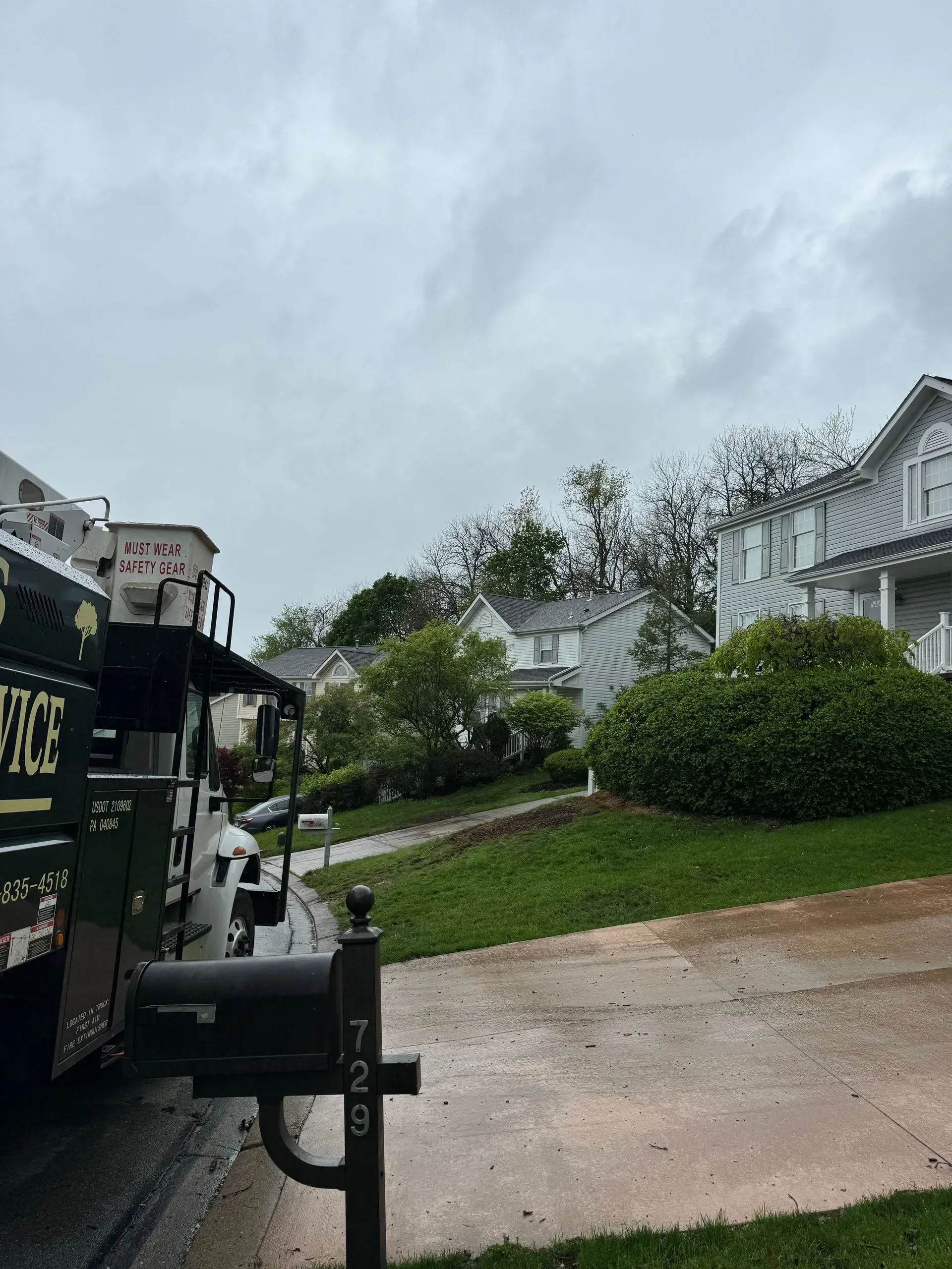 Dark green truck parked on a street in front of houses under a cloudy sky.