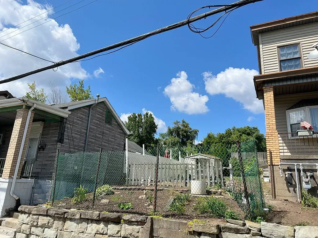 Backyard garden with fence, small sheds, houses, and a bright blue sky with clouds.