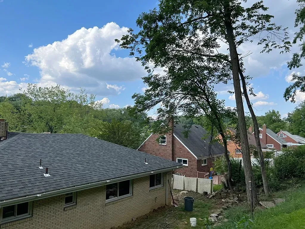 Houses and trees under a cloudy blue sky.