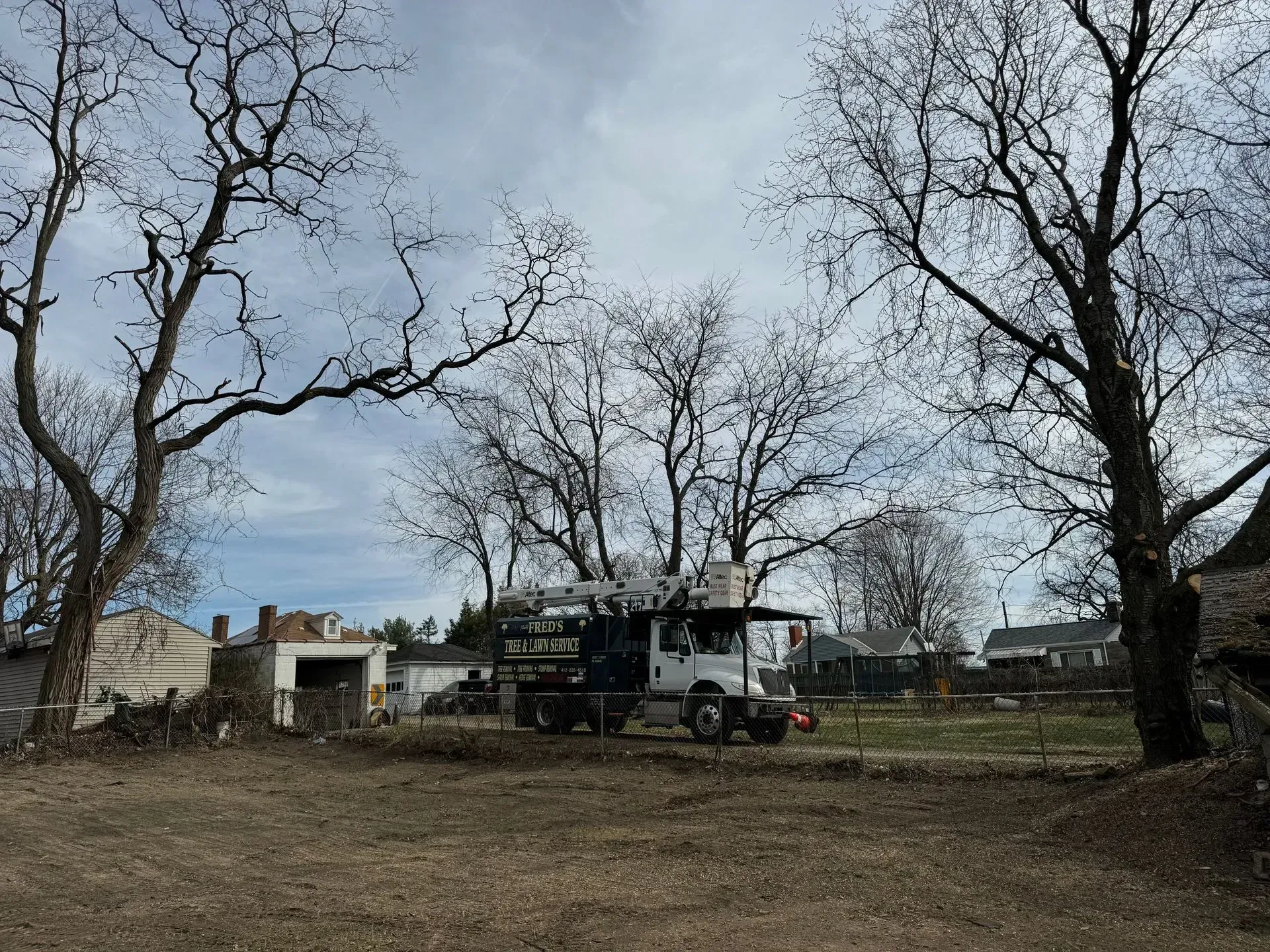 Truck with lift platform amongst bare trees on a cloudy day, likely tree removal or trimming.