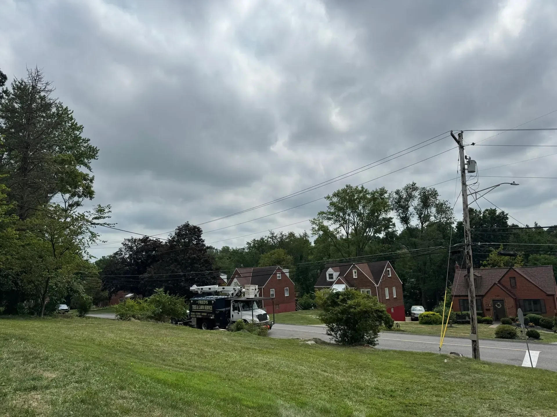 A grassy hill overlooks houses, trees, and a work truck on a cloudy day. Power lines run overhead.