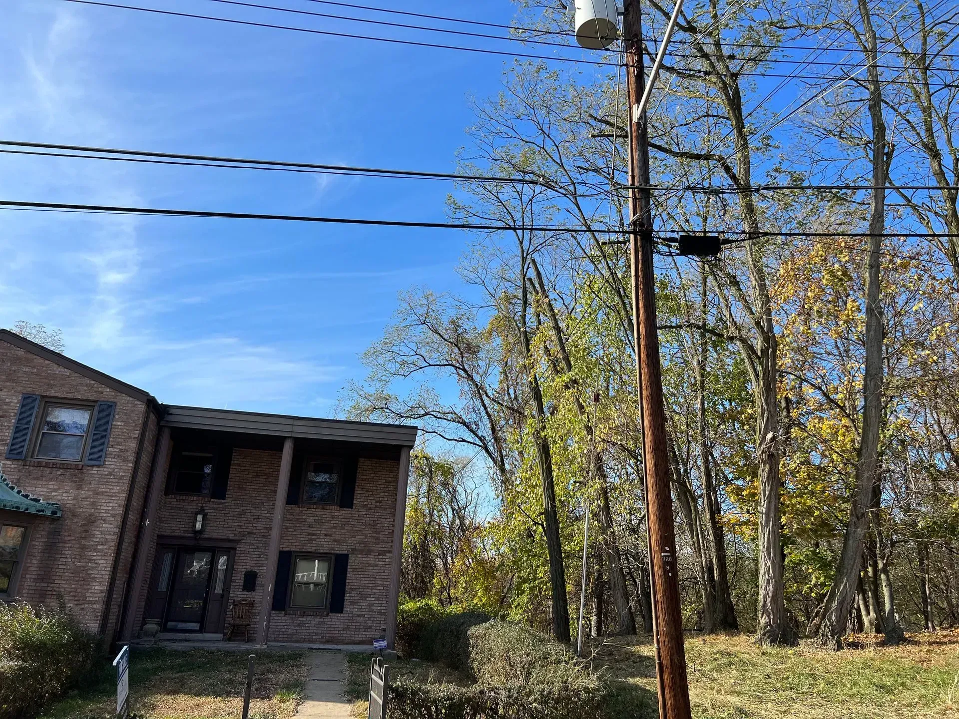 Brick house next to a wooded area, power lines overhead, and a clear blue sky.