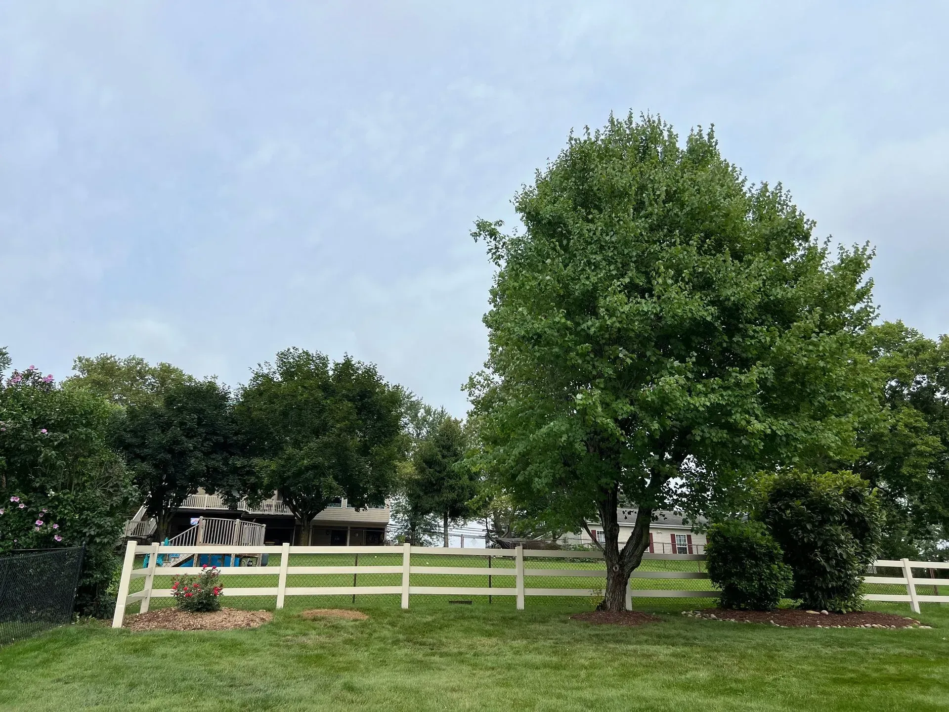 Green trees and lawn in front of a white fence with a house in the background, under a cloudy sky.