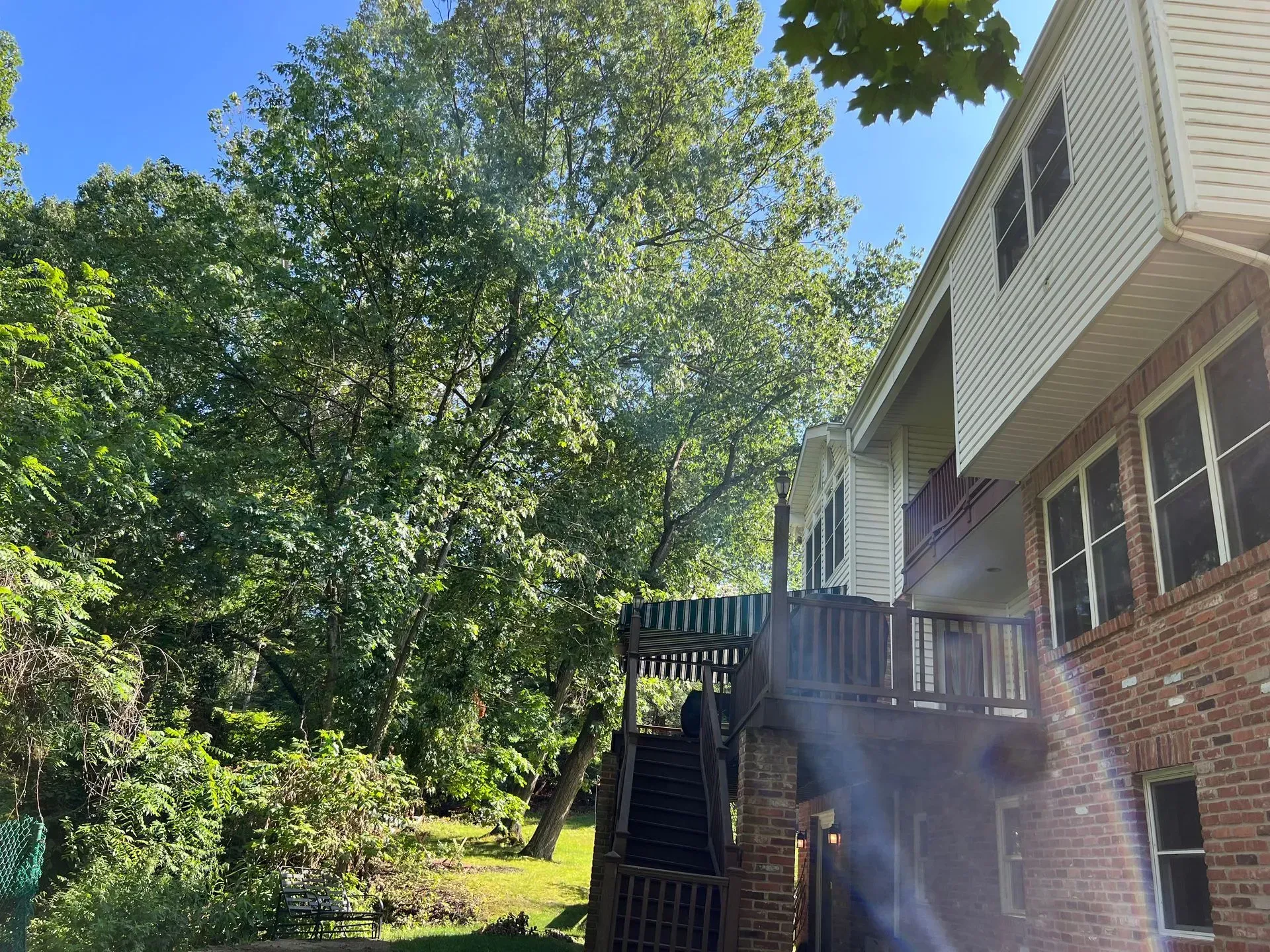 Side view of a house with a deck, stairs, and trees on a sunny day.