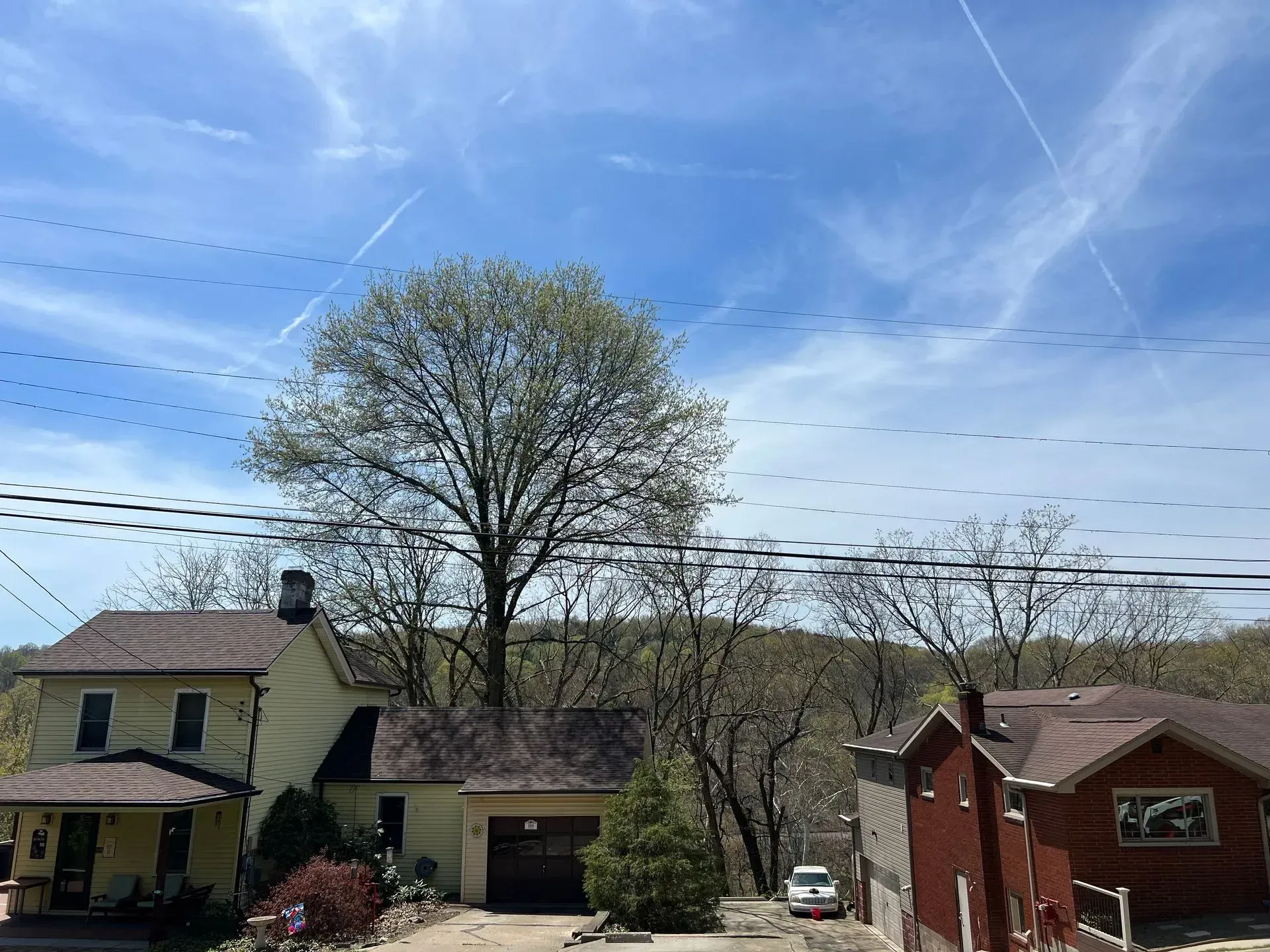 Houses beneath a bright blue sky with clouds, a large tree, and power lines overhead.