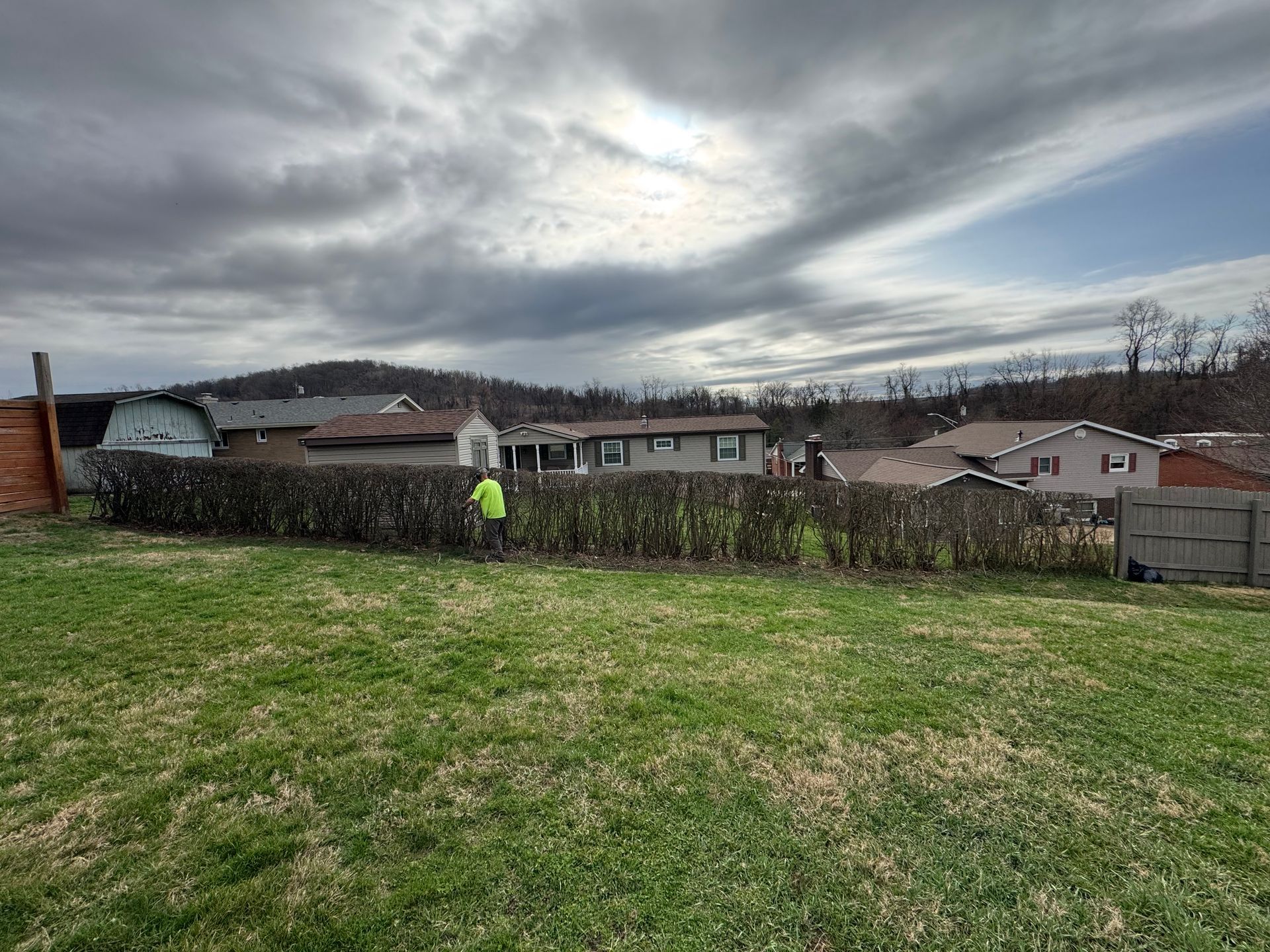 Grassy backyard overlooking houses and a cloudy sky, with a person in a neon jacket near the hedge