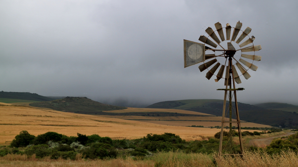 Windmill in a golden field under a gray cloudy sky, with rolling hills in the background