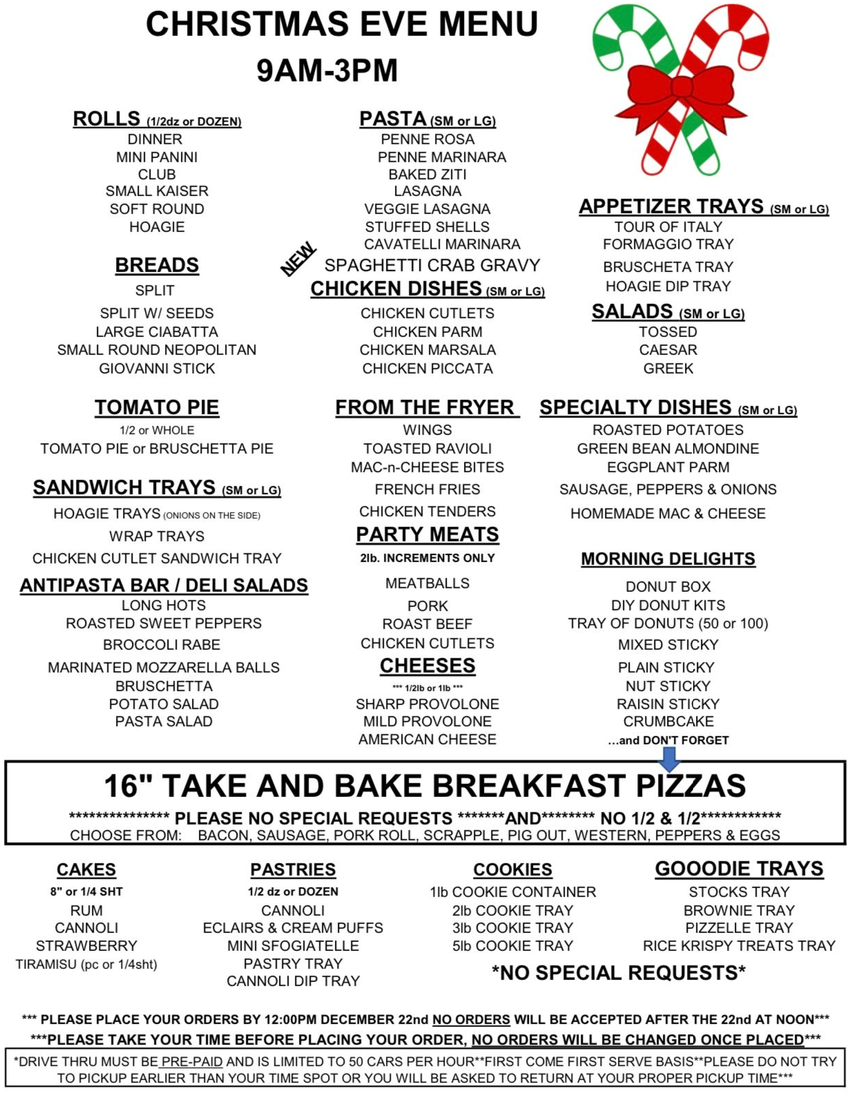 Christmas Eve menu with food categories and offerings.