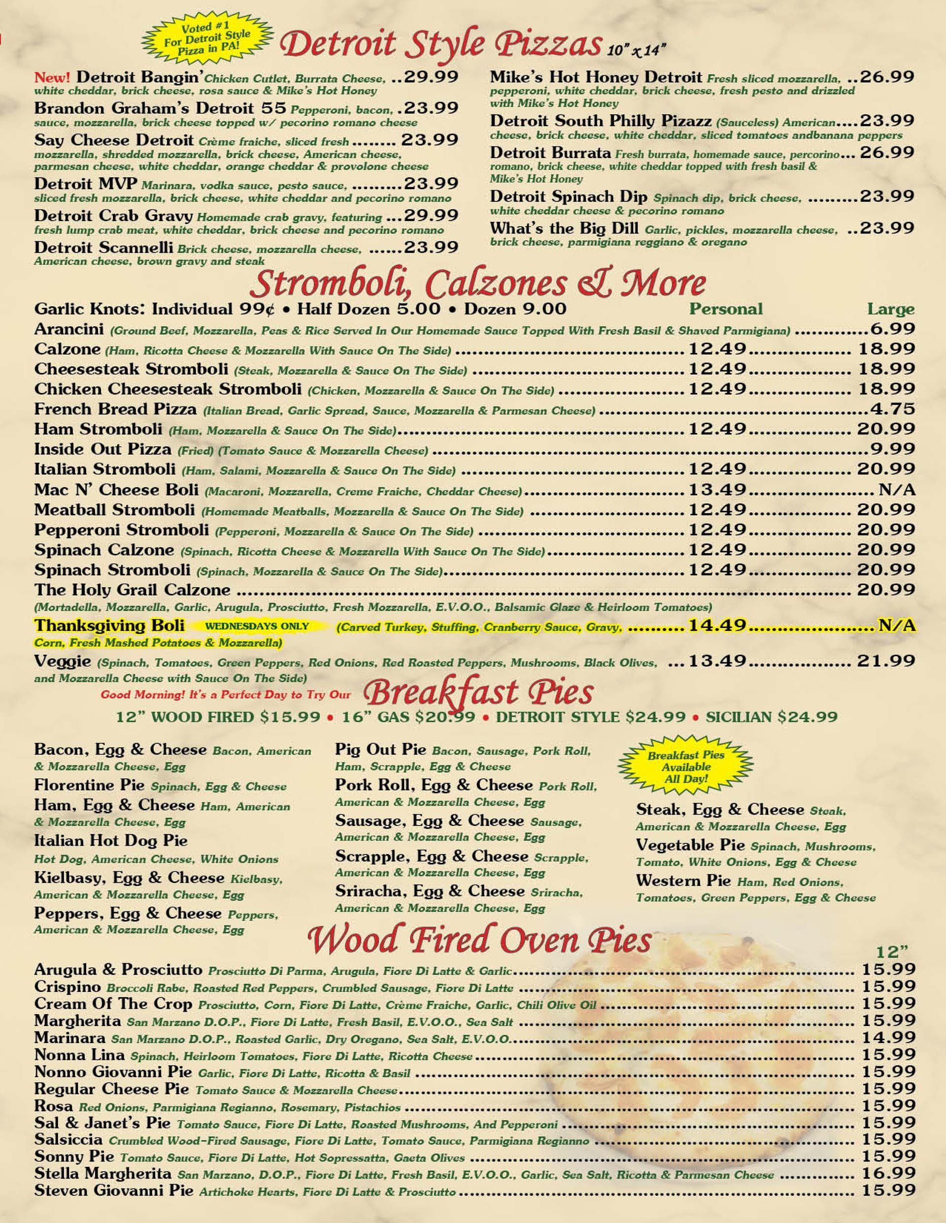 Detroit Style Pizzas Menu